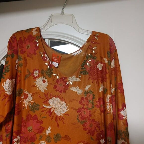 Hearts Of Palm Mustard Multi-Color Flowered 3/4 Sleeve Top Size Women's 2X - Picture 2 of 2